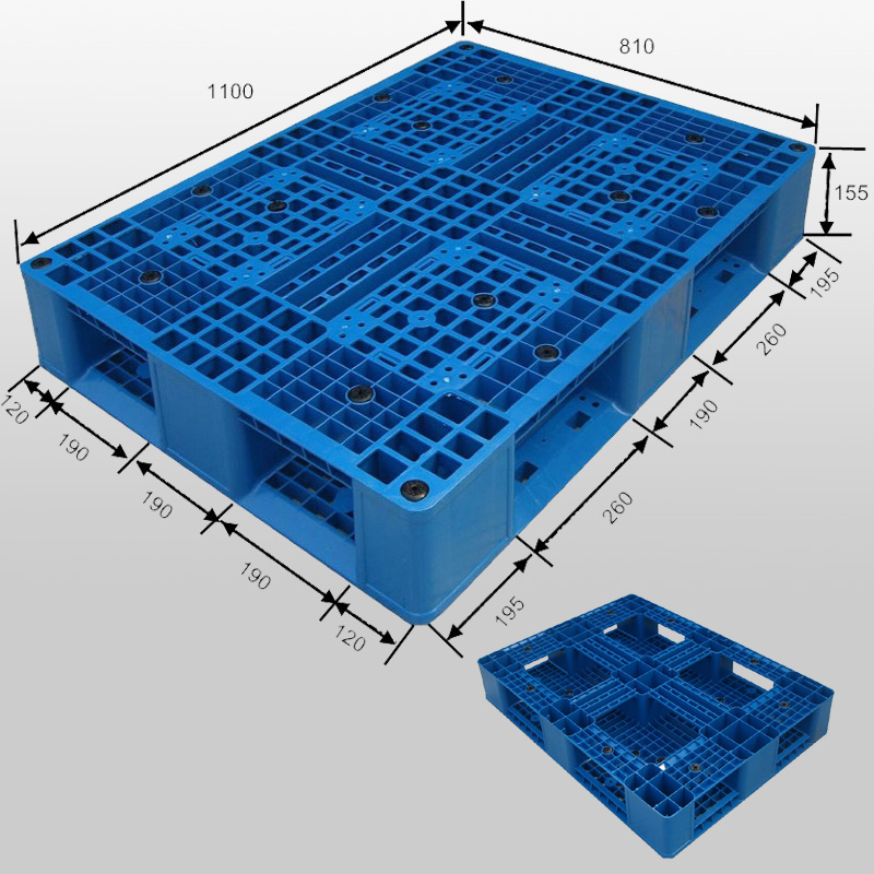 1100*800 Full Perimeters Open Deck Export Stackable Blue Plastic Pallet 